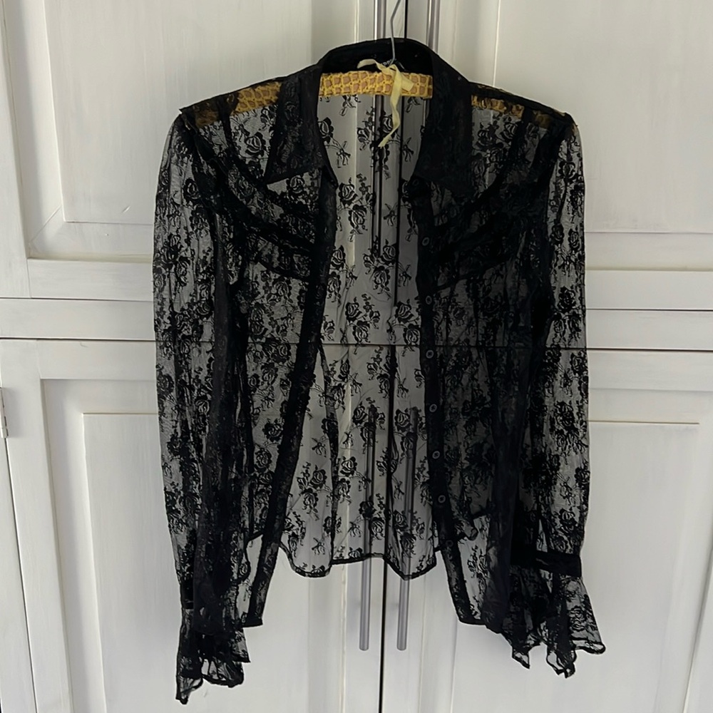 Express Vintage Black Lace Button Up Blouse